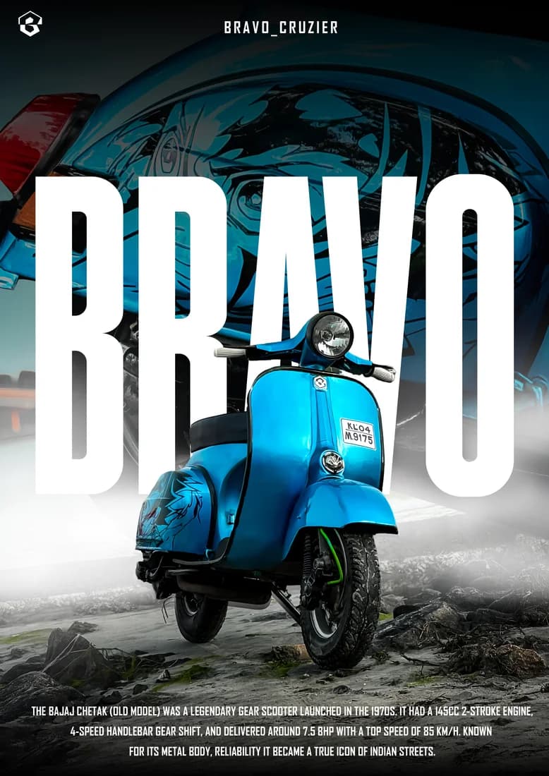 Blue vintage Bajaj Chetak scooter with BRAVO lettering and illustrated face backdrop.