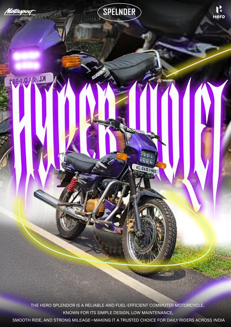 Purple Hero Splendor with purple gothic lettering, headlight backdrop and yellow ring.