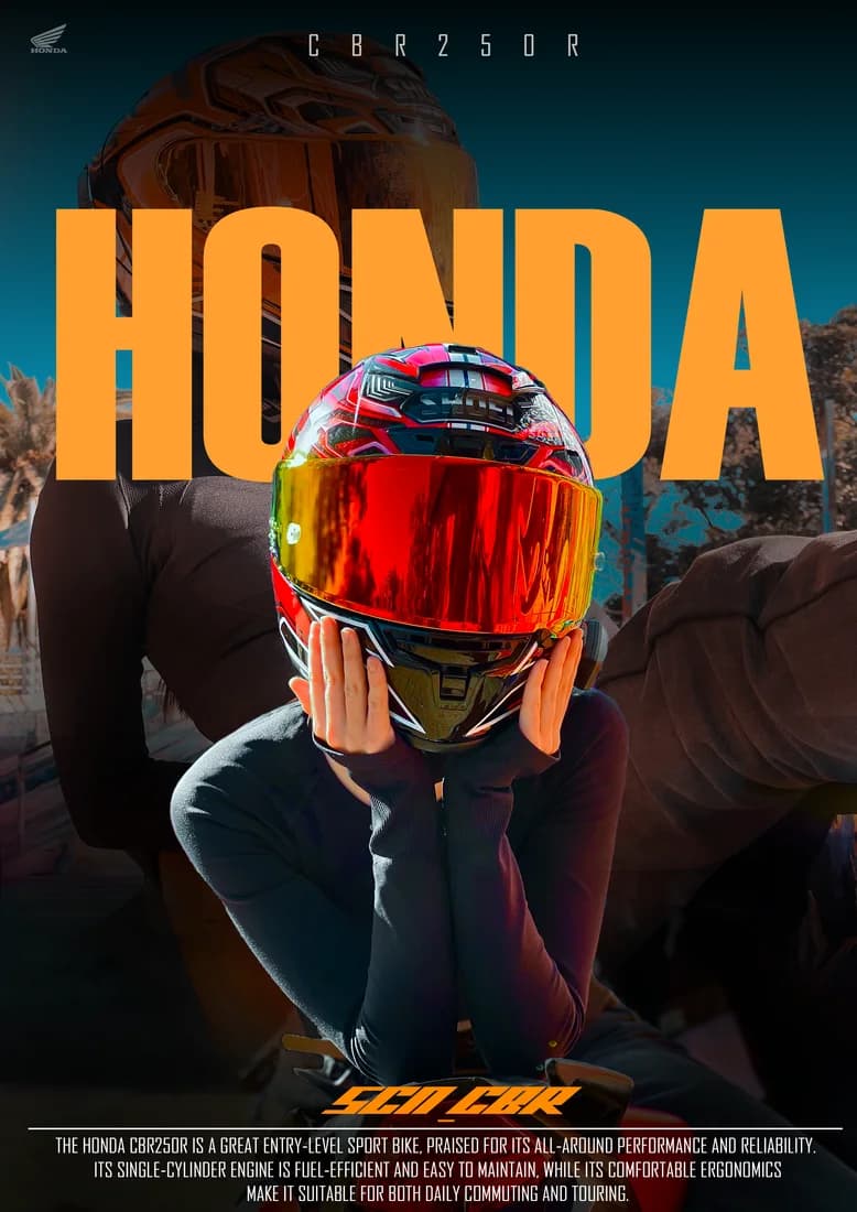 Helmeted rider with orange visor, orange HONDA title and CBR250R label.