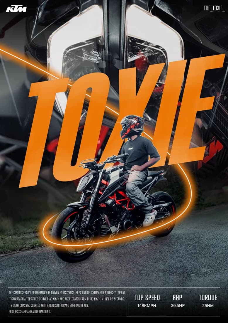 KTM Duke rider with orange TOXIE block lettering and enlarged LED-headlight backdrop.