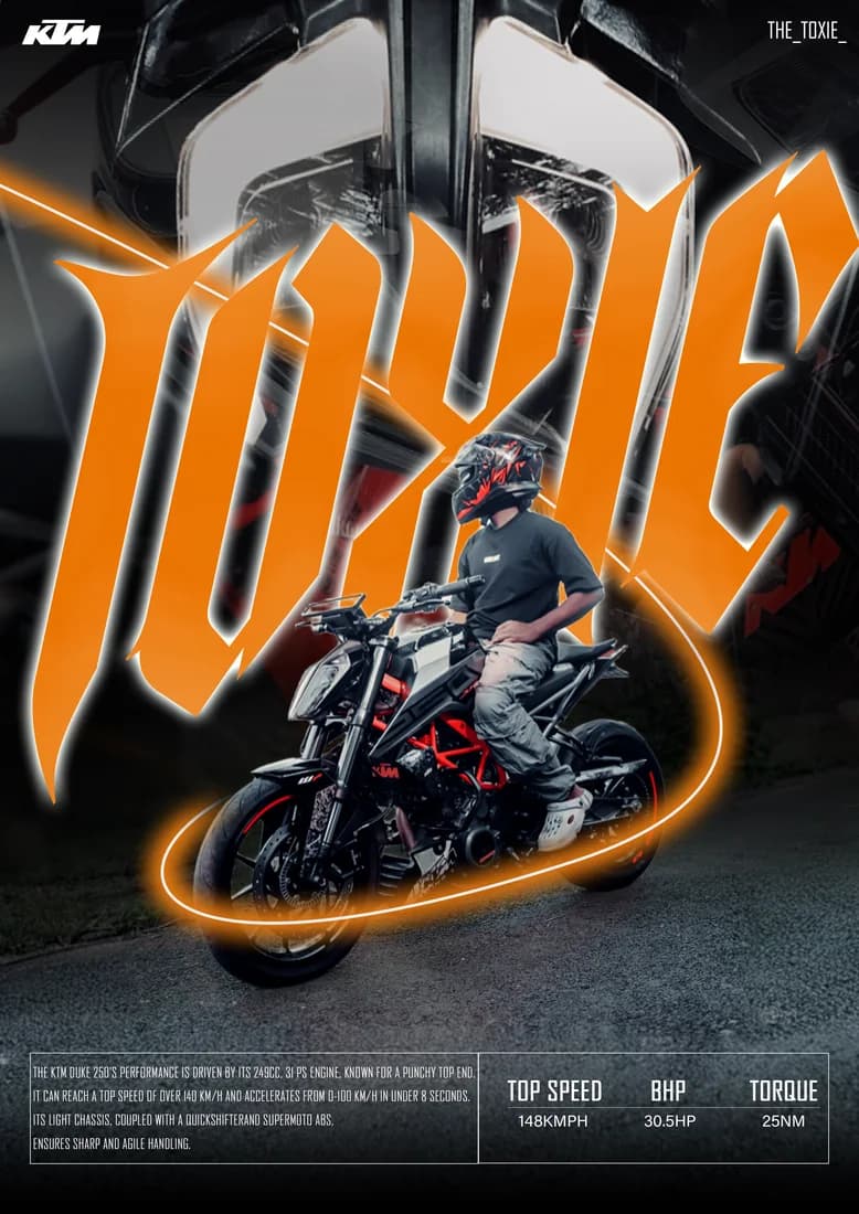 KTM Duke rider with orange TOXIE gothic lettering and white glow.