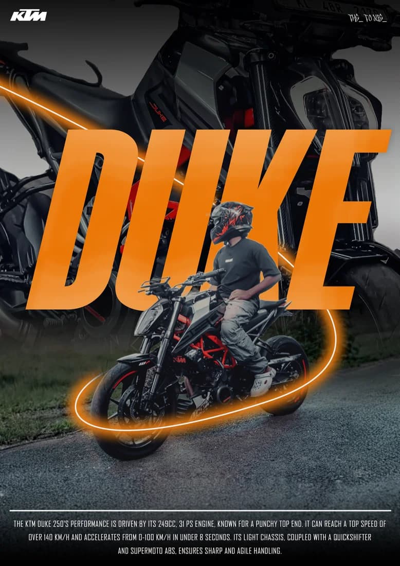 KTM Duke rider with orange DUKE title and motorcycle side-view backdrop.