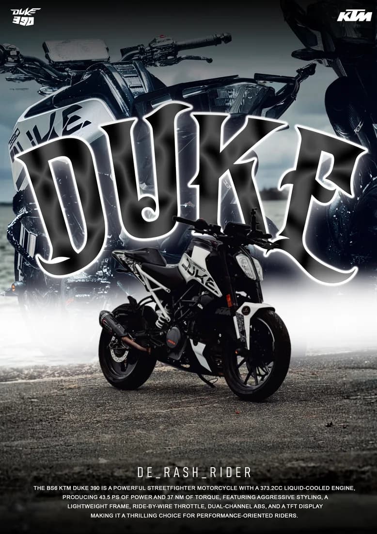 Black KTM Duke poster with monochrome motorcycle collage and curved DUKE lettering.