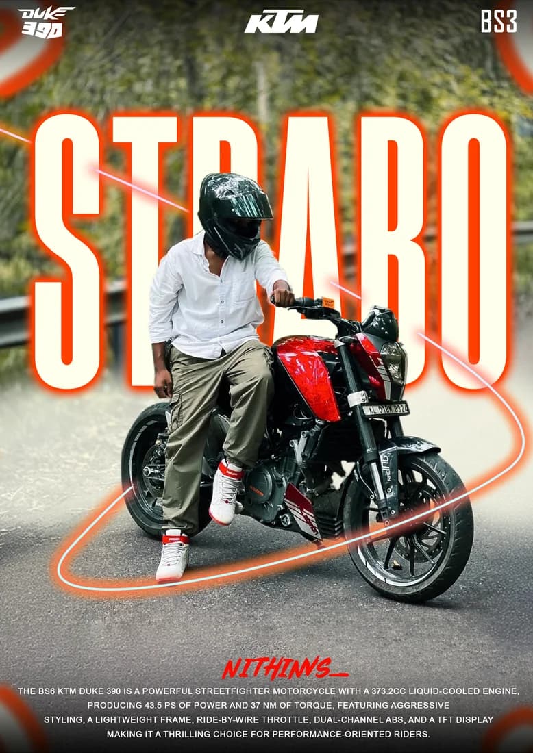 White-shirt rider on a red KTM Duke with cream custom lettering and orange outline.