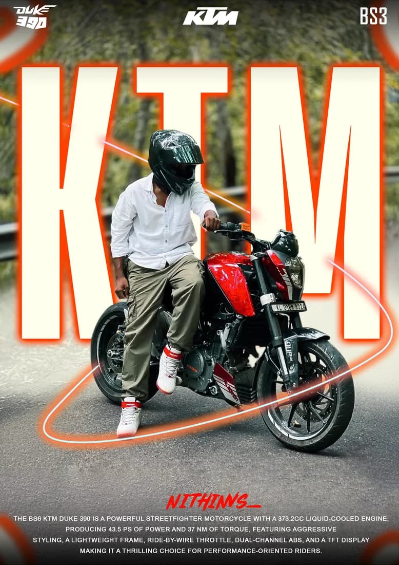 White-shirt rider on a red KTM Duke with large cream KTM title.