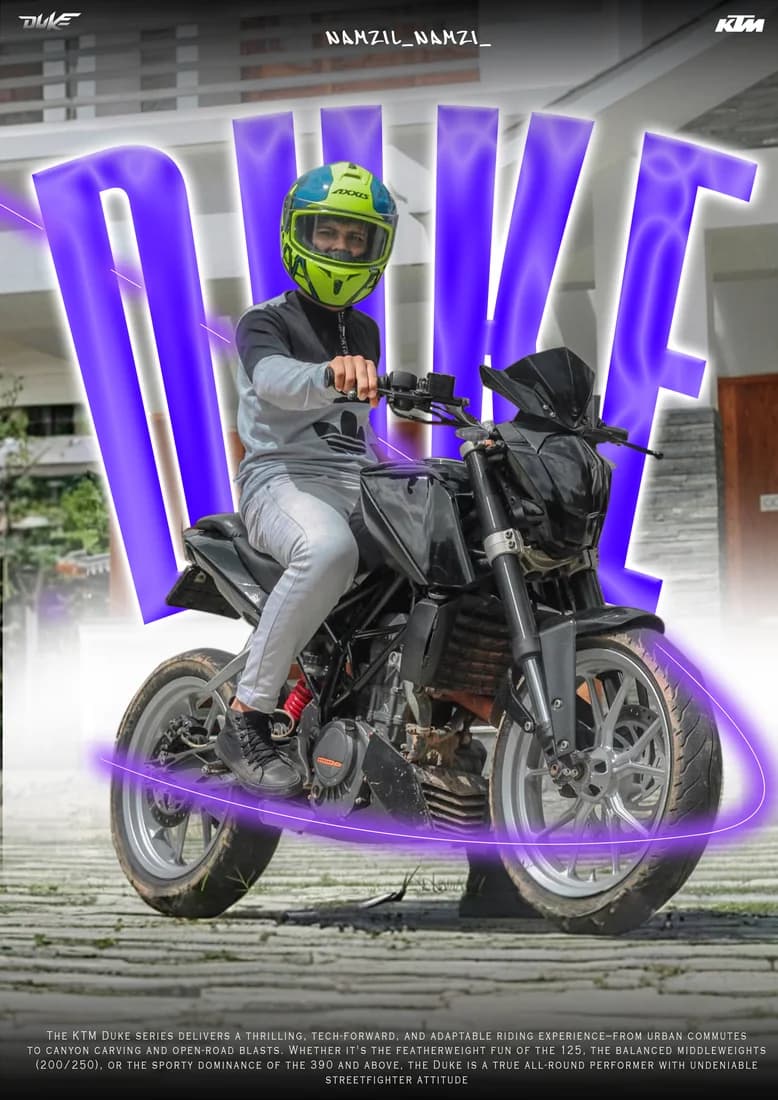 Helmeted rider on a black KTM Duke, purple DUKE lettering and purple ring.