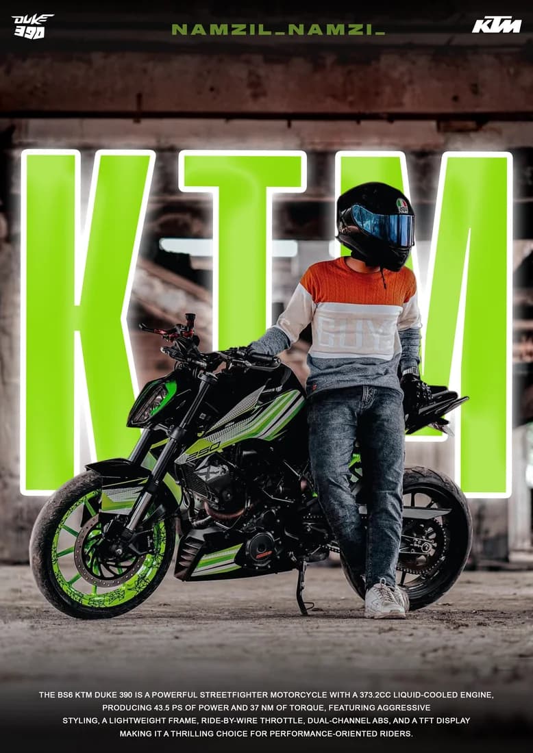 Helmeted rider beside green-accented KTM Duke with bright green KTM lettering.