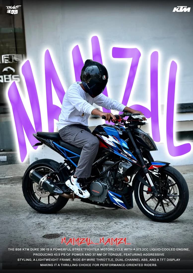 White-shirt rider on a blue-accented KTM Duke with purple NAMZIL lettering.