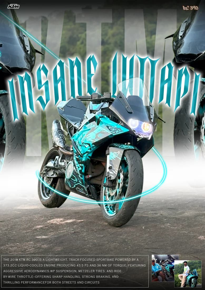 Turquoise KTM and cyan ring with grey/green background lettering.