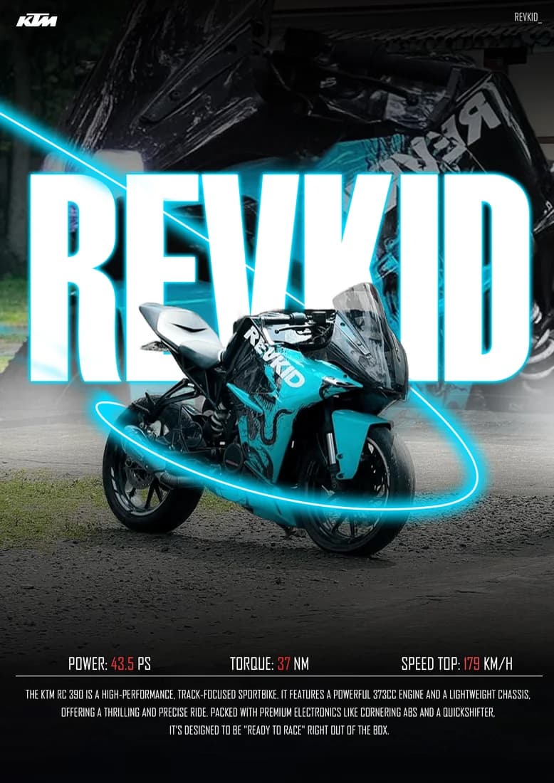 Turquoise KTM RC with cyan light streak and ring added around the bike.