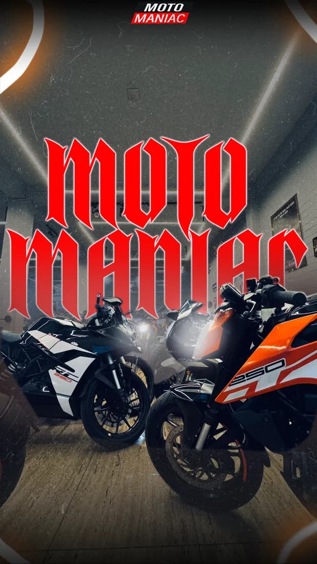 Vertical night poster with two sport motorcycles, KTM 250 fairing and red MOTO MANIAC text.