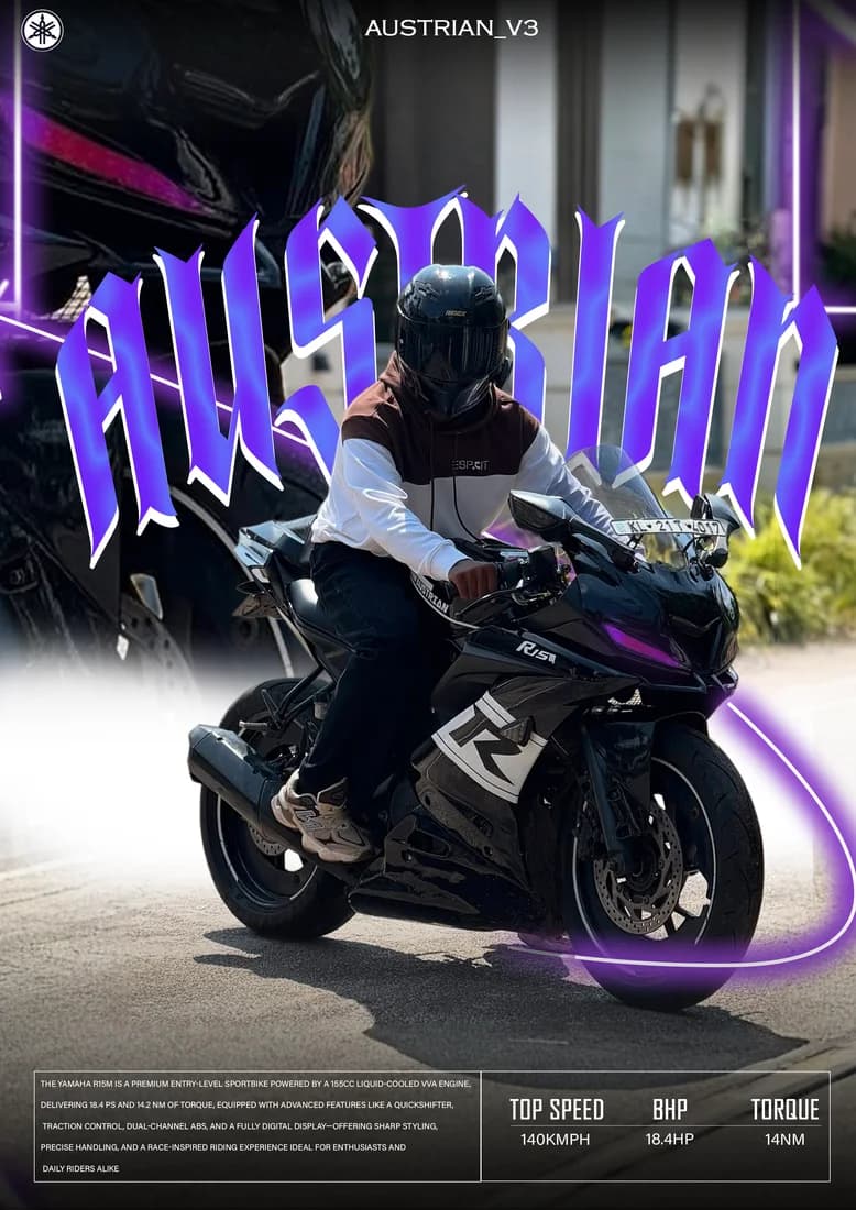 Rider on a dark Yamaha R15 with purple AUSTRIAN lettering and purple light ring.