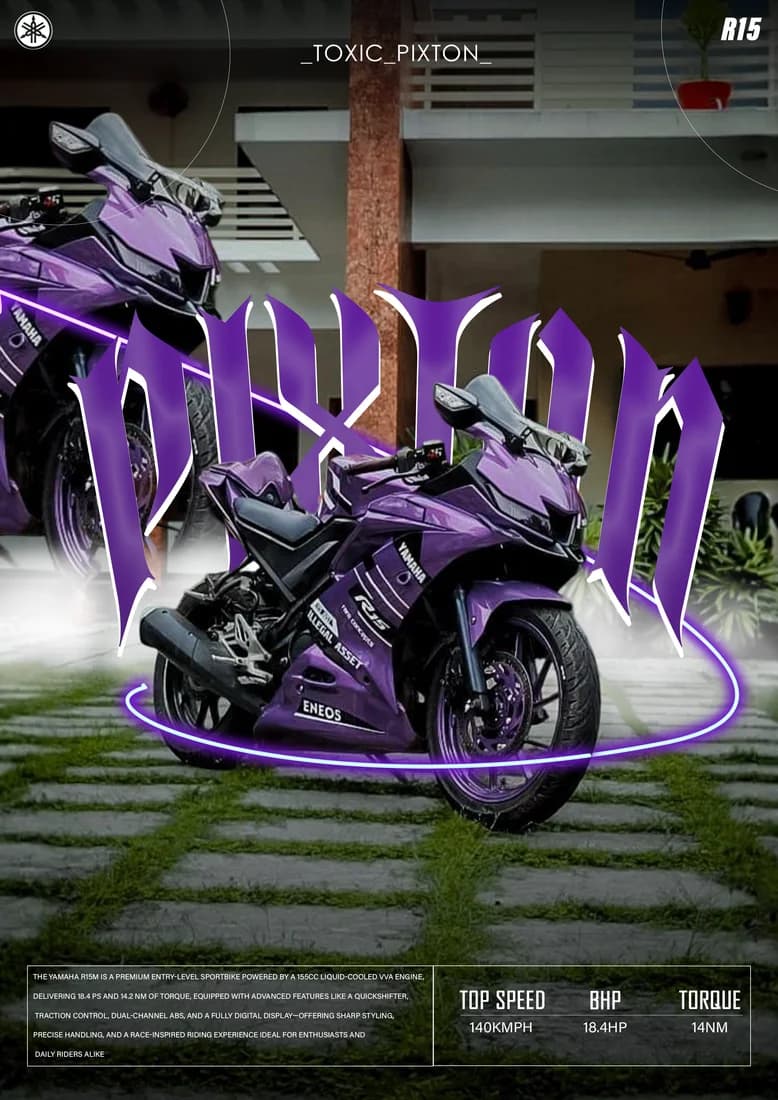 Purple Yamaha R15 with purple gothic lettering and matching light ring.
