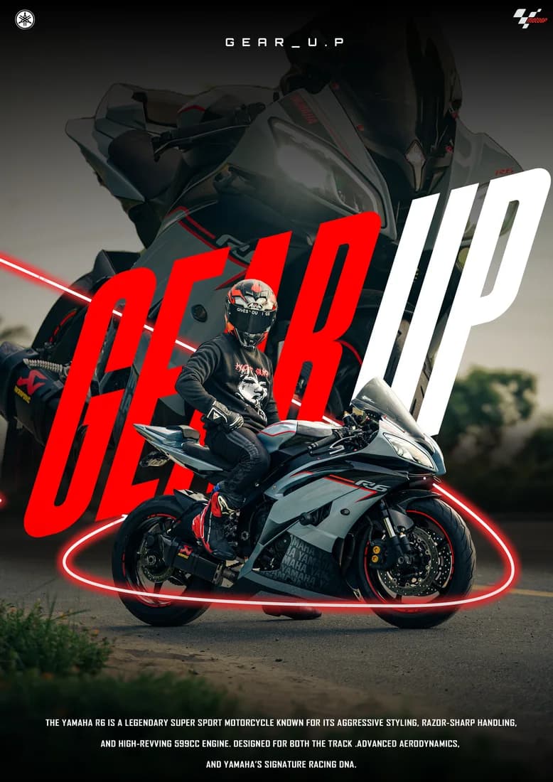 Rider on a grey Yamaha R6 with red/white GEAR UP lettering and red light ring.