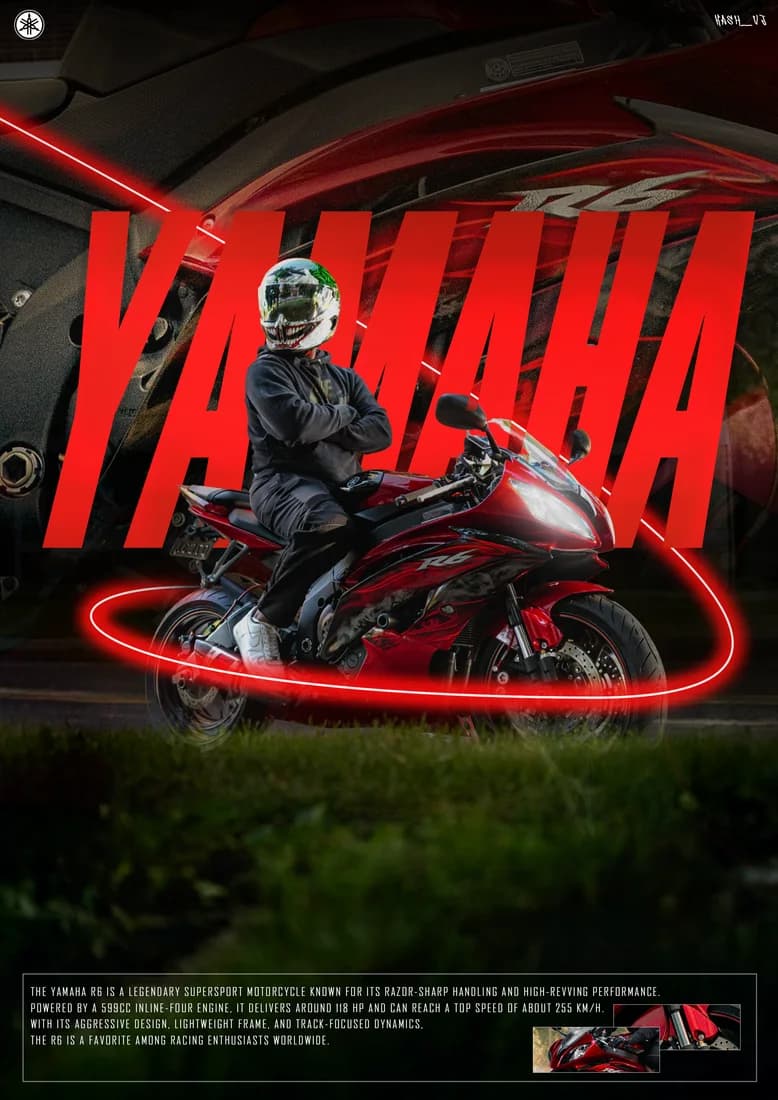Rider on a red Yamaha R6 with red YAMAHA lettering and enlarged R6 fairing backdrop.