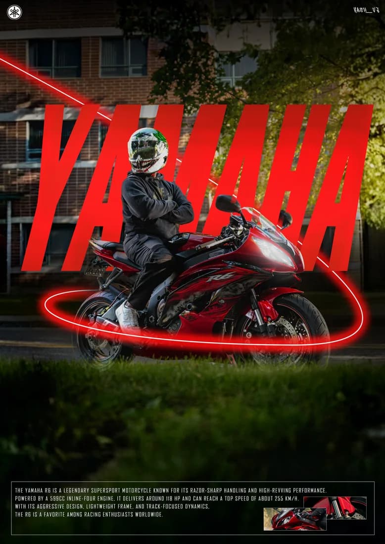 Red Yamaha R6 rider composition with building/trees background instead of fairing close-up.