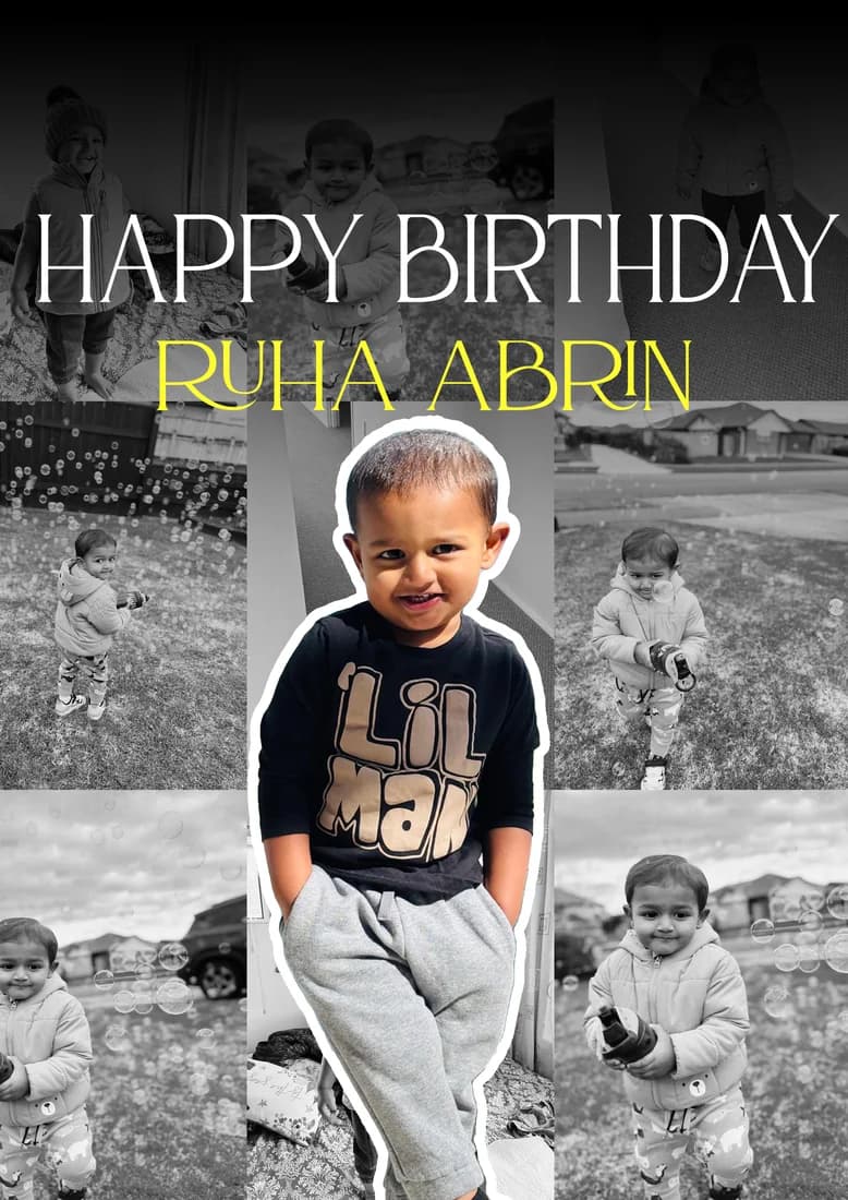 Child portrait in front of a monochrome collage; HAPPY BIRTHDAY RUHA ABRIN.