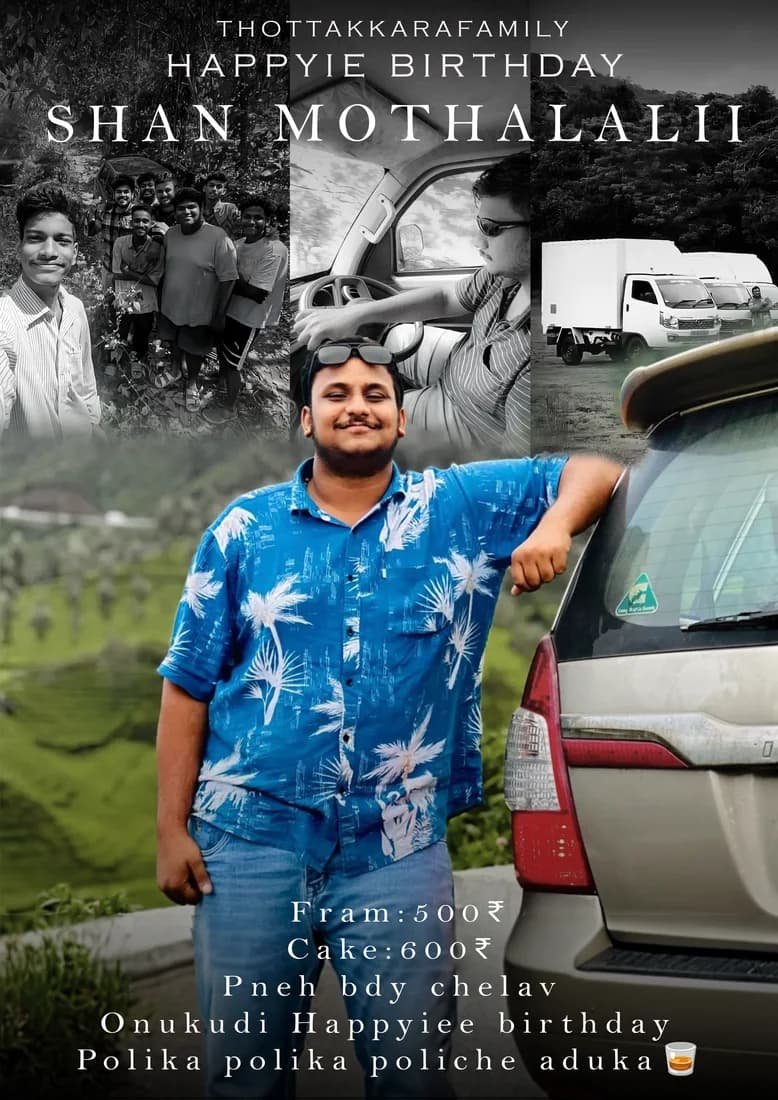 Blue-shirt portrait beside a car, monochrome collage and birthday message.