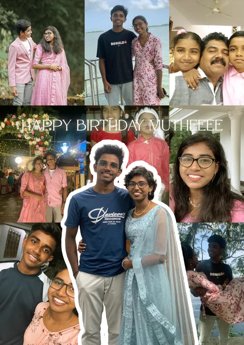 Birthday collage with a central pair portrait and colorful family photos.