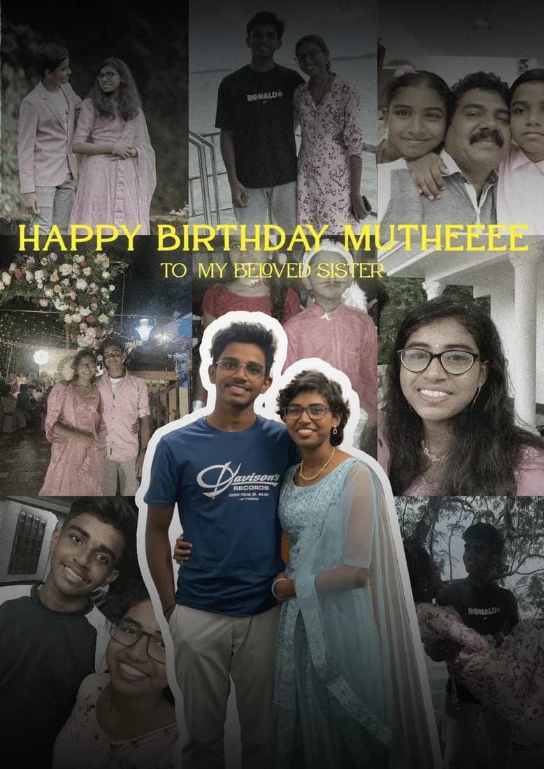 Birthday collage with yellow text, central pair portrait and darker monochrome photos.