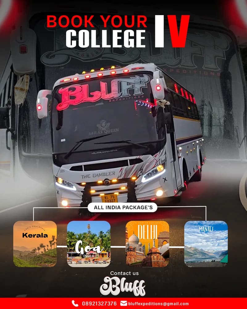 Bluff tourist-bus advertisement with Kerala, Goa, Delhi and Manali destination tiles.