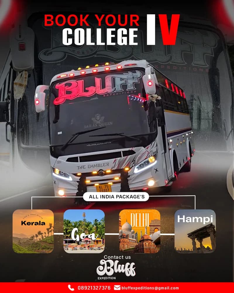 Bluff tourist-bus advertisement with Kerala, Goa, Delhi and Hampi destination tiles.