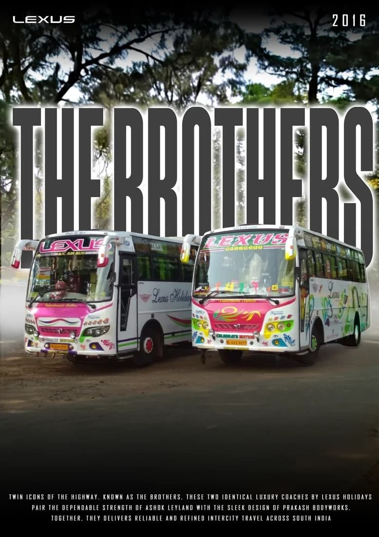 Two decorated Lexus tourist buses beneath trees with THE BROTHERS lettering.