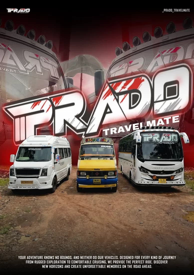 Prado fleet with large stylized white PRADO TRAVELMATE logo and twin bus backdrop.