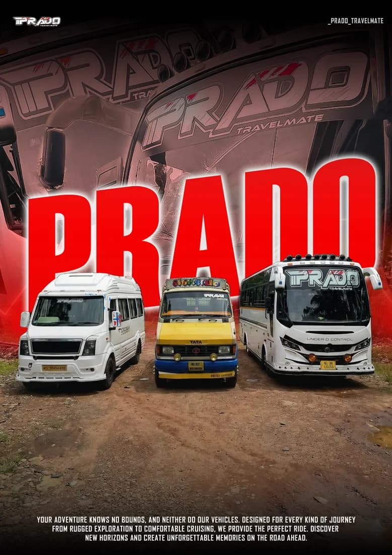 Prado fleet with red title and red-tinted twin bus backdrop.