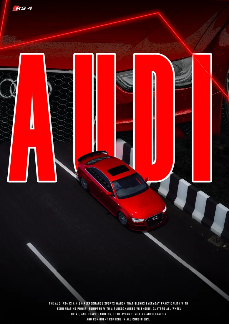 Red Audi collage with tall red block lettering and overhead car.