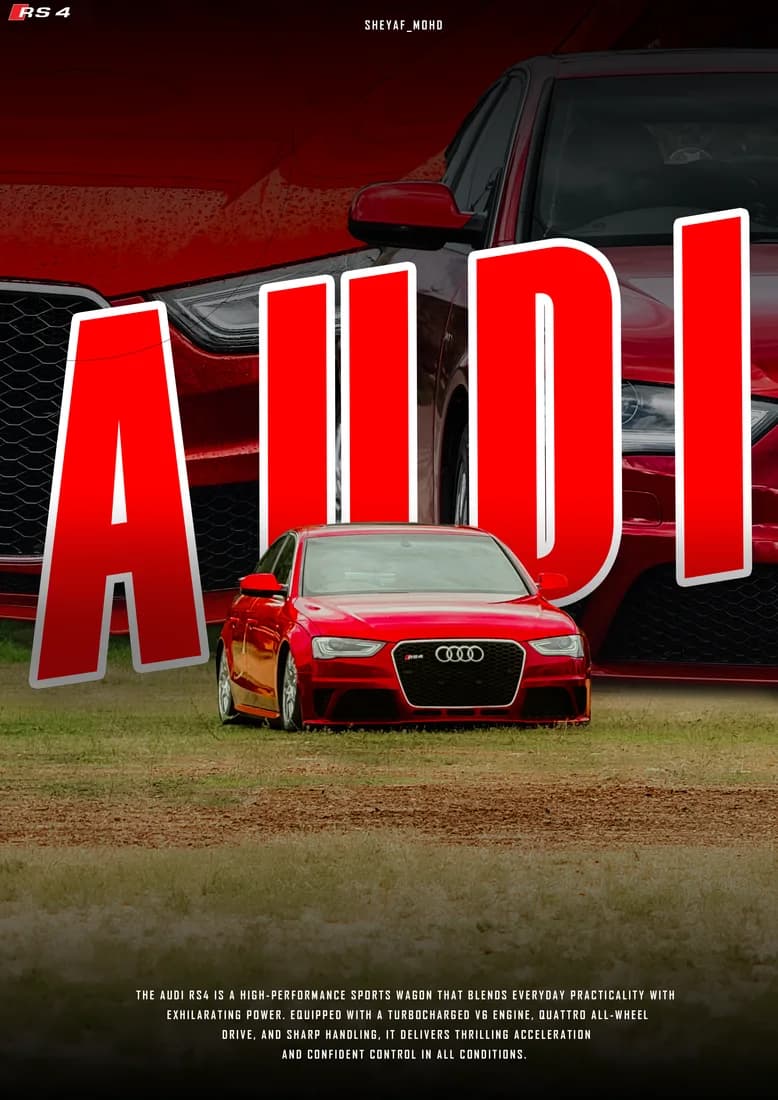 Front-facing red Audi with block lettering, greener ground and alternate framing.