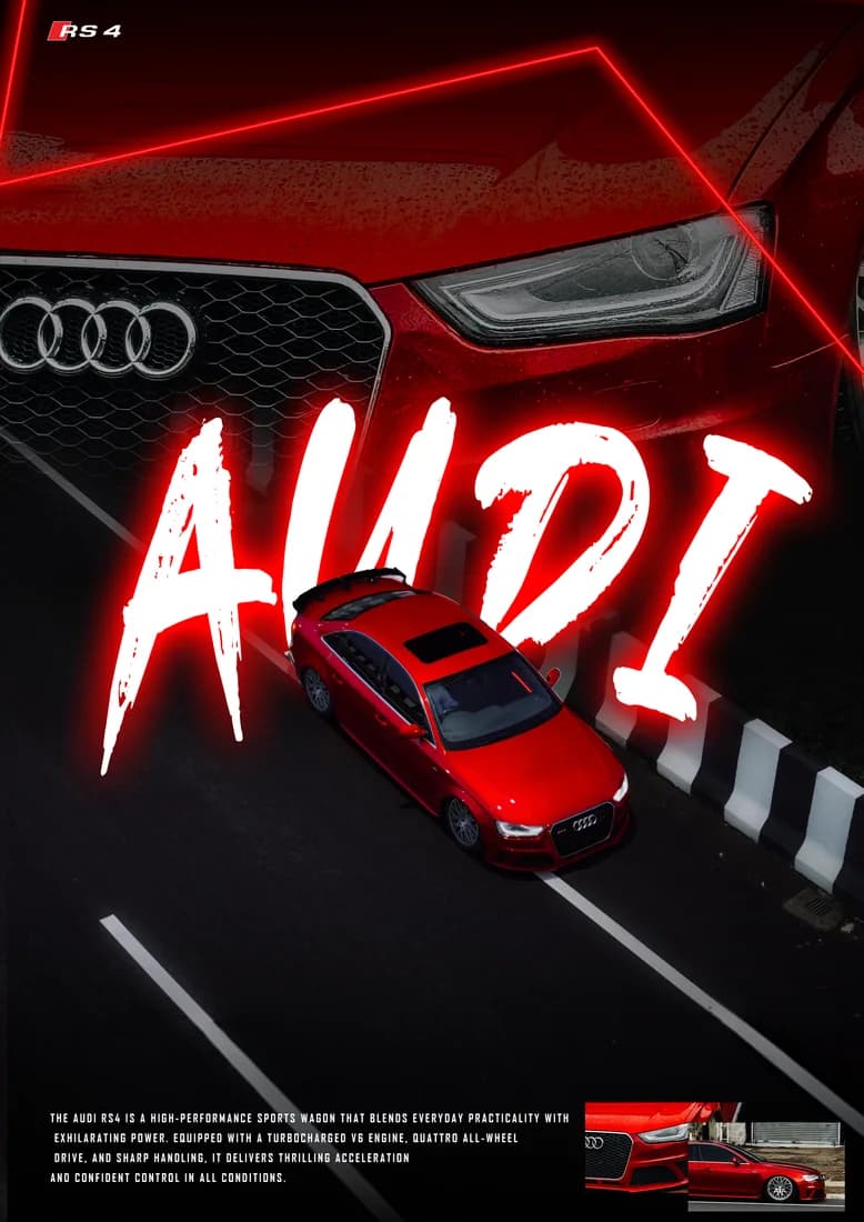 Red Audi overhead composition with white lettering and stronger red glow.
