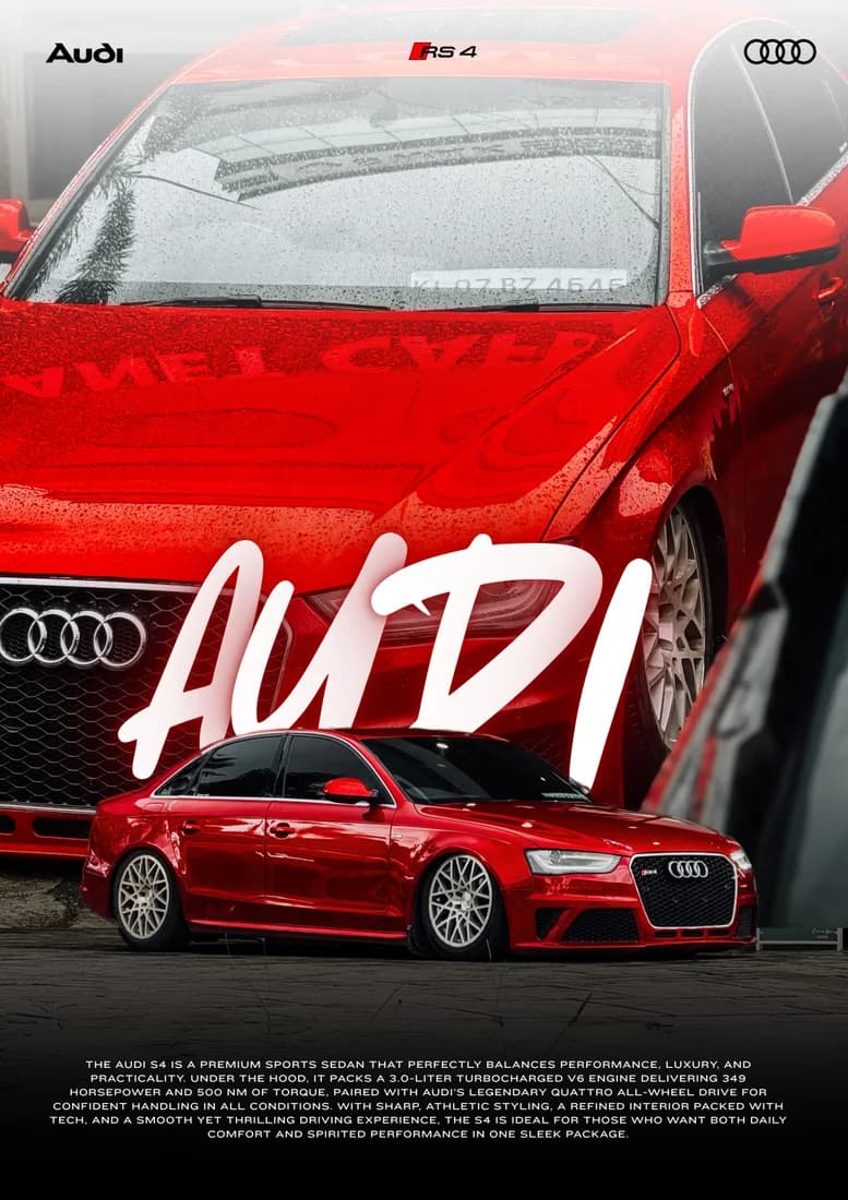 Red Audi side/front composition with white script and enlarged bonnet backdrop.