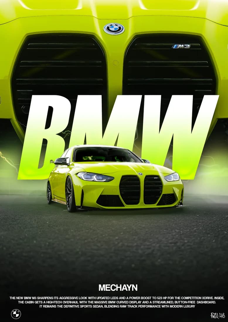 Yellow BMW M3 beneath enlarged kidney grille and lime-gradient BMW lettering.