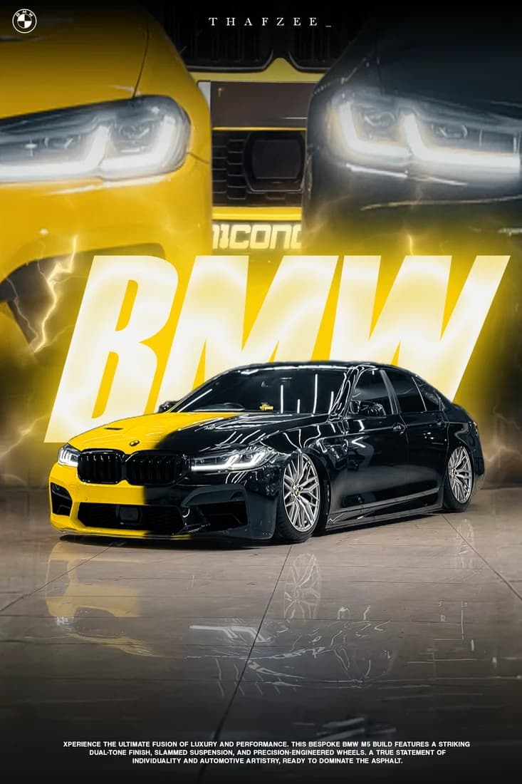 BMW sedan with split yellow/black paint, white lightning graphics and yellow BMW title.