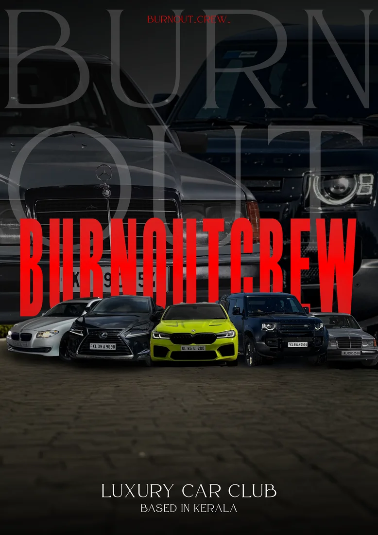 Luxury car lineup with outlined BURN OUT background lettering and red club name.