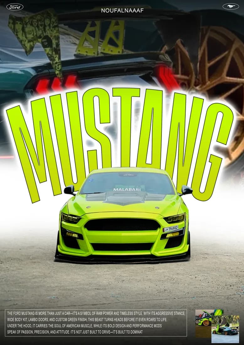 Lime-green Mustang front view, matching title and rear-view backdrop.