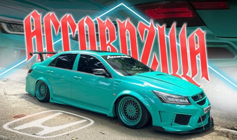 Landscape Accordzilla poster with turquoise modified Accord and cyan neon triangle.