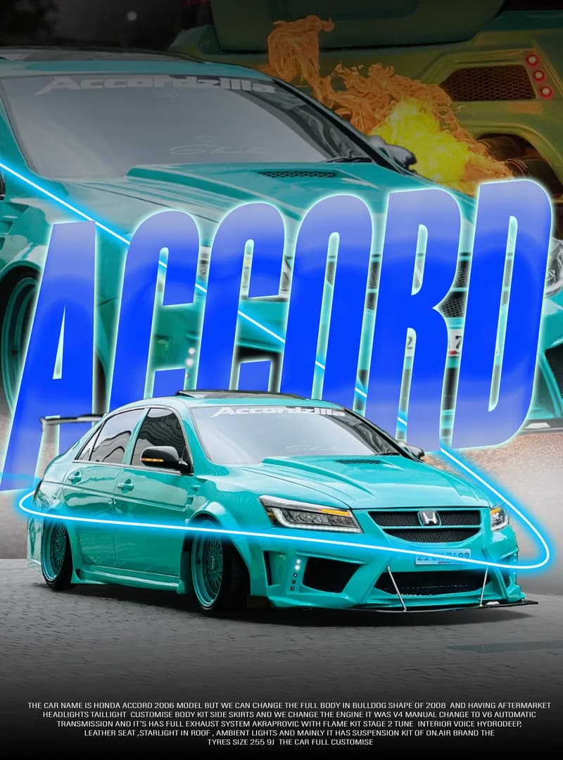 Turquoise modified Accord with blue-gradient ACCORD title and cyan ring.