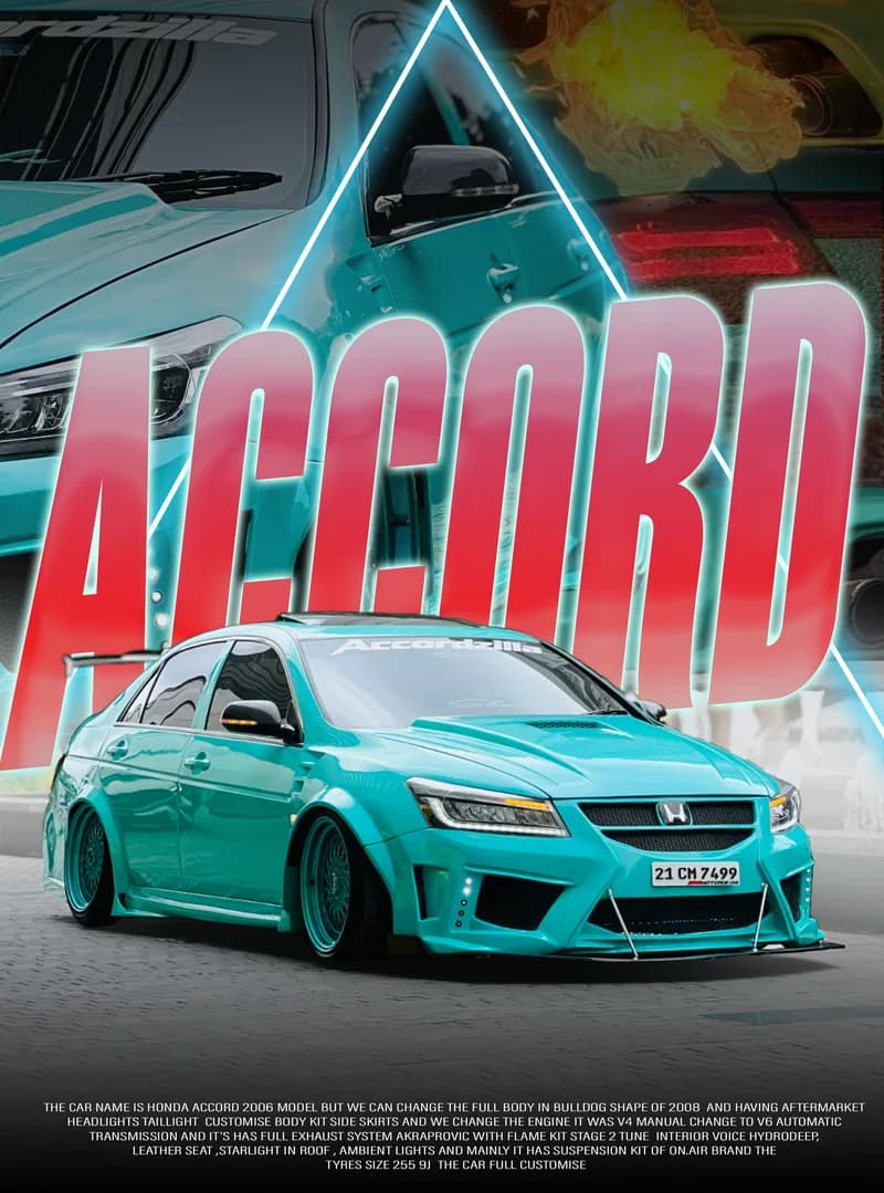 Turquoise Accord with red title and tall cyan neon triangle.