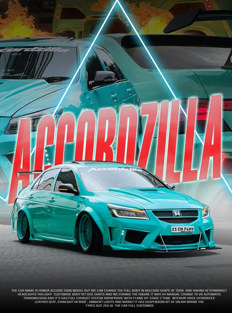 Turquoise Accord with red ACCORDZILLA lettering and cyan triangle.