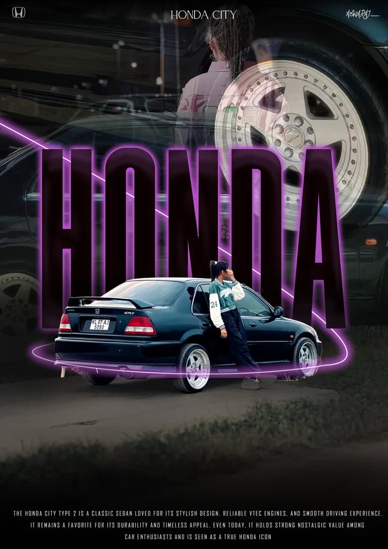 Dark Honda City and owner portrait with purple HONDA lettering and ring.