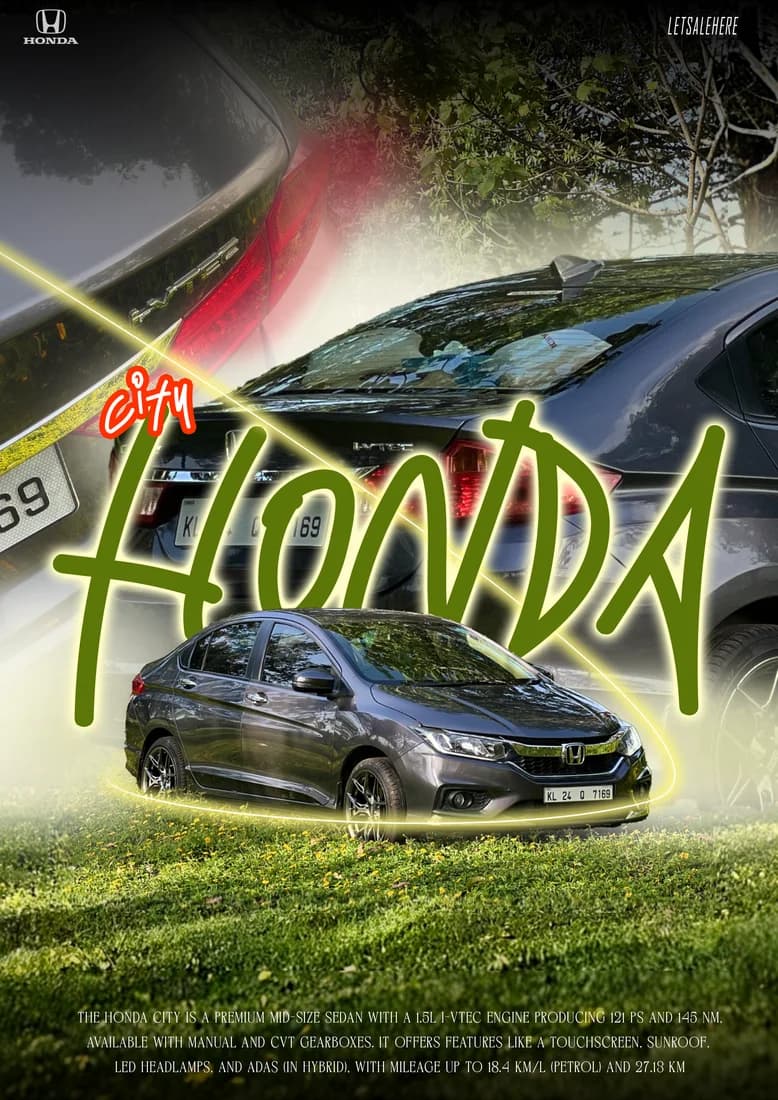 Grey Honda City on grass with green HONDA script, yellow streak and rear-view backdrop.