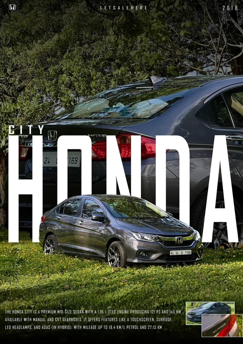Grey Honda City on grass with tall white HONDA lettering and inset photos.