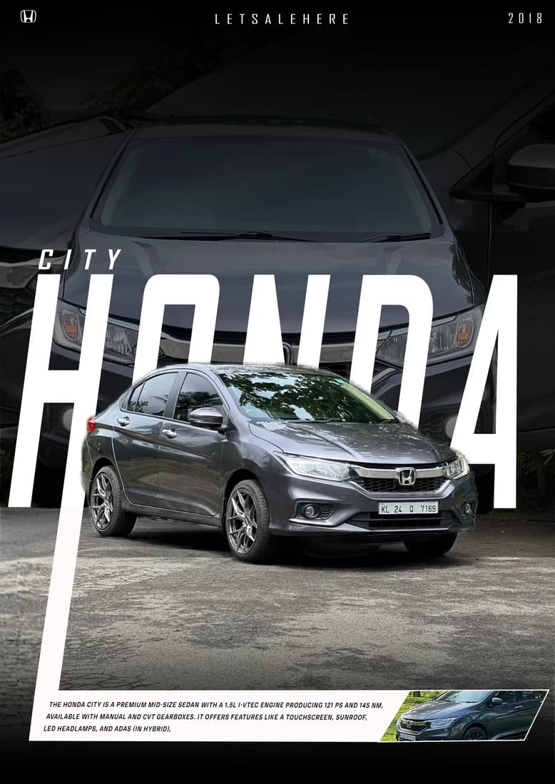 Grey Honda City with diagonal white HONDA lettering and dark front-view backdrop.