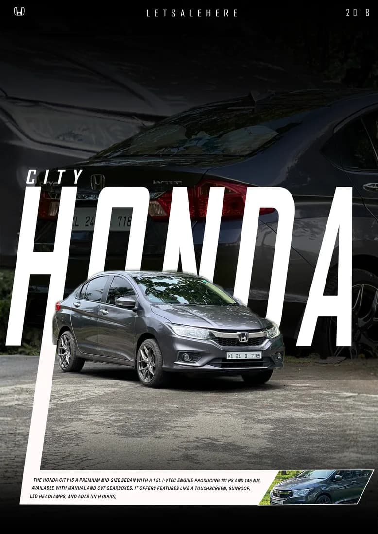 Grey Honda City with white diagonal title and alternate bonnet/background photo.