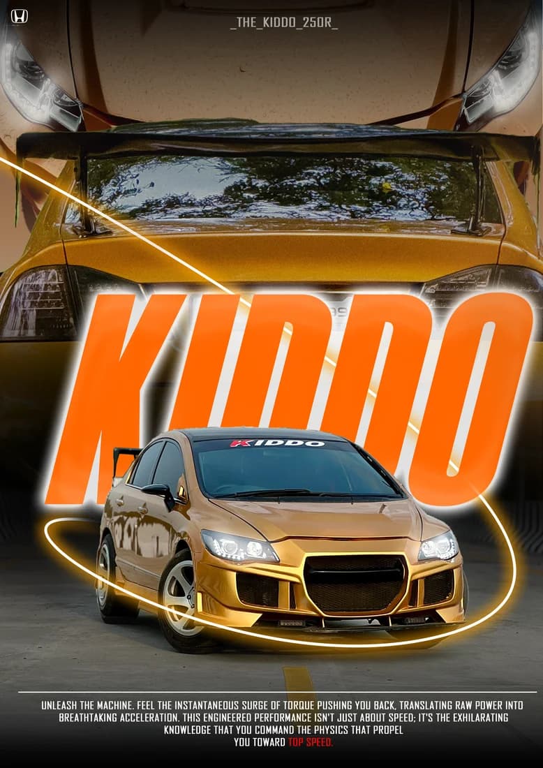 Gold modified Civic with KIDDO lettering and golden light ring.