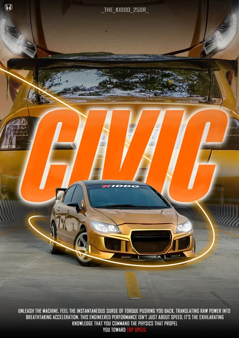 Gold modified Civic with CIVIC lettering and golden light ring.