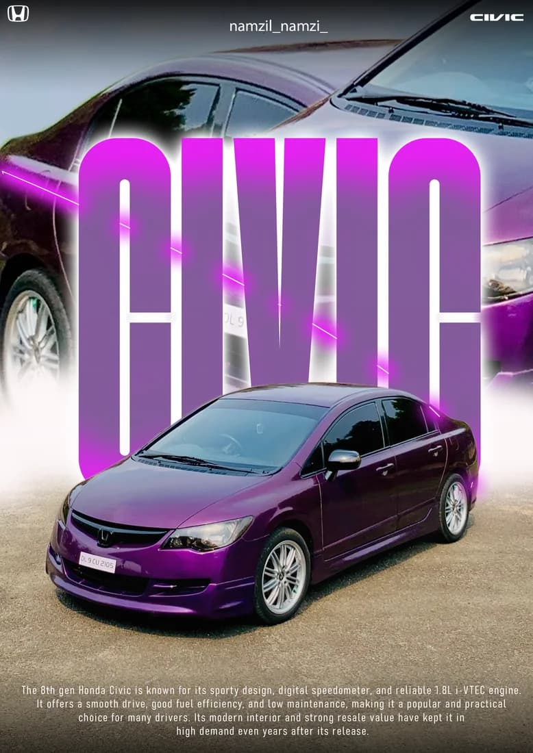 Purple Civic sedan with tall purple lettering and magenta light streak.