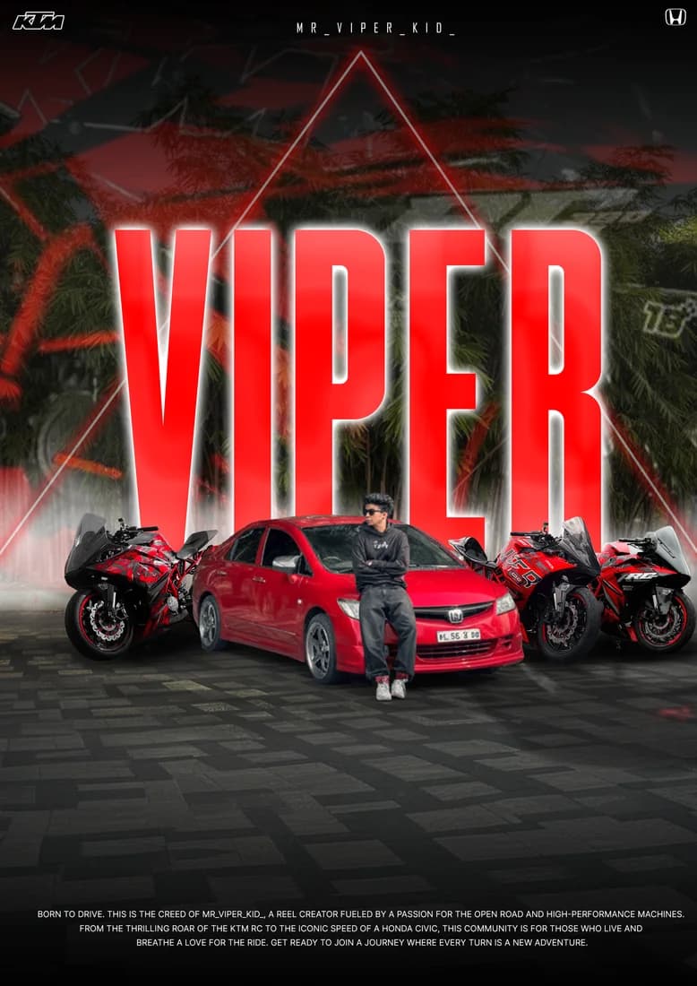 Red Honda Civic, owner portrait and two red sport motorcycles beneath VIPER lettering.